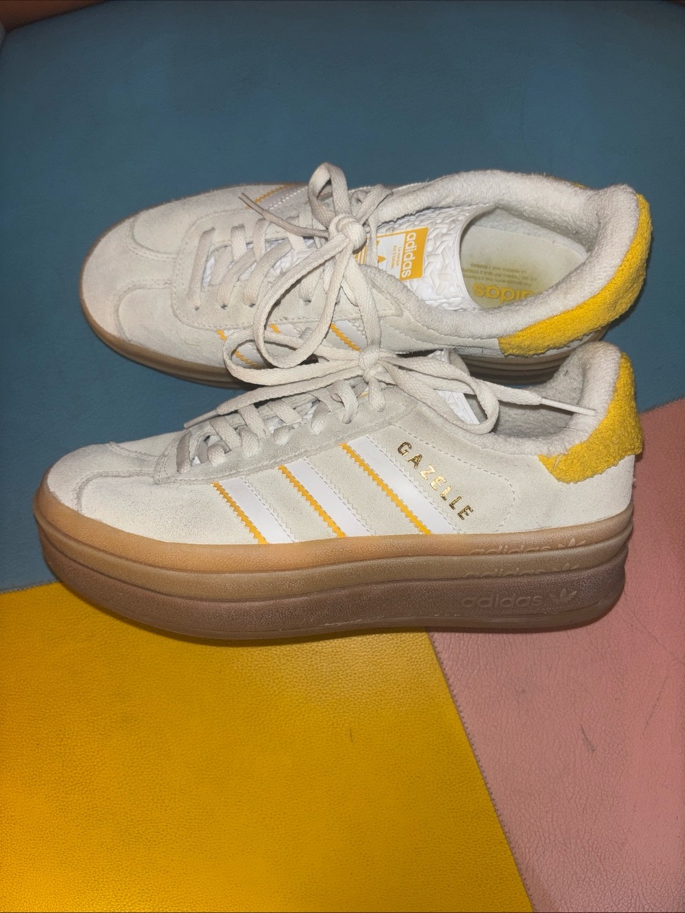 adidas Gazelle Platform Sneakers in Off-White with Yellow Accents